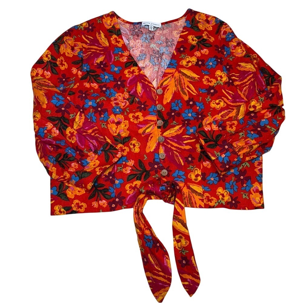 NWOT Anthropologie Maison d' Amelie Red Floral Linen Button front shirt